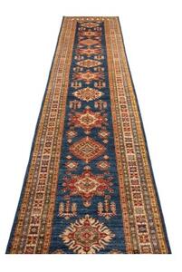 Tappeto Kazak Fine Geometrico Blu Rosso Corsia 83x386 Cm