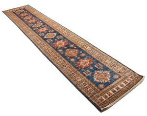 Tappeto Kazak Fine Geometrico Blu Rosso Corsia 83x386 Cm