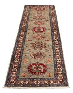 Tappeto Kazak Fine Geometrico Grigio Chiaro Rosso Corsia 80x235 Cm
