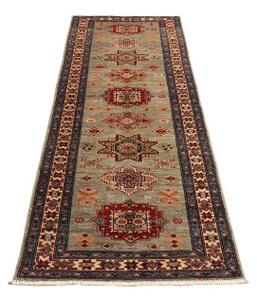 Tappeto Kazak Fine Geometrico Grigio Rosso Corsia 79x243 Cm
