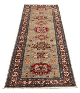 Tappeto Kazak Fine Geometrico Grigio Chiaro Rosso Corsia 80x235 Cm