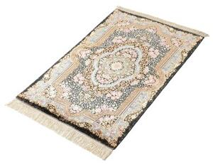 Tappeto Ghom Seta Medaglione Floreale Nero Beige 59x90 Cm
