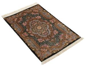 Tappeto Ghom Seta Medaglione Floreale Nero Beige 59x90 Cm