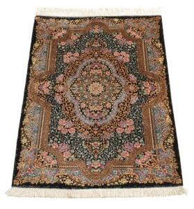Tappeto Ghom Seta Medaglione Floreale Nero Beige 59x90 Cm