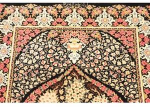Tappeto Ghom Seta Medaglione Floreale Nero Rosso Corallo 57x88 Cm