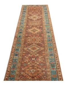 Tappeto Kazak Fine Stilizzato Marrone Azzurro Corsia 82x298 Cm