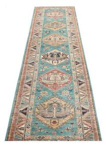 Tappeto Kazak Fine Stilizzato Azzurro Turchese Beige Corsia 79x296 Cm