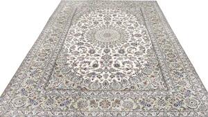 Tappeto Kashan Medaglione Floreale Avorio Blu Avio 196x297 Cm