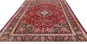 Tappeto Mashad Medaglione Floreale Rosso Blu Scuro 243x340 Cm