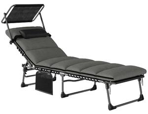 Outsunny Lettino Prendisole 5 Posizioni Reclinabili con Capottina, Cuscino Poggiatesta e Tasca Laterale, 190x57x30 cm, Grigio Scuro | Aosom Italy