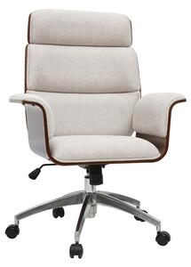 Poltrona da ufficio girevole di design in tessuto effetto velluto testurizzato beige, legno scuro e acciaio cromato ELON
