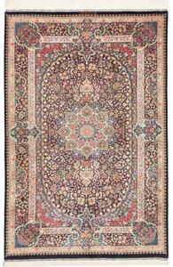 Tappeto Ghom Seta Medaglione Floreale Blu Scuro Rosso 106x153 Cm