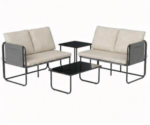 Outsunny Set di 4 Pezzi Giardino Esterno con 2 Divani a 2 Posti, 2 Tavoli in Vetro, Cuscini, Fodere Rimovibili e Tasche, Kaki | Aosom Italy