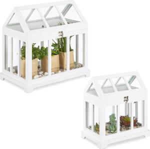 Mini serra Relaxdays, set da 2, per davanzale, serra da interno, vetro e MDF, erbe aromatiche, fiori, 2 misure, bianco