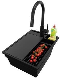 Lavello in granito PRIMAGRAN Tutto nero 38x53cm, lavello 1 vasca + set di scarico + set di accessori da cucina, lavello da cucina da base 40 cm - Oslo Pocket