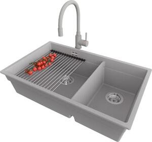 Lavello in granito PRIMAGRAN grigio 76x47 cm, lavello a 2 vasche + set di scarico + set di accessori da cucina, lavello da cucina per mobile sottolavello da 80 cm - Praga Slim Duo