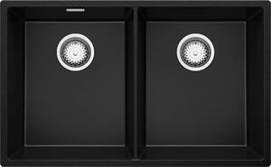 Lavello da incasso PRIMAGRAN in granito nero 76x47 cm, lavello a doppia vasca + set di scarico, lavello in granito per mobili base da 80 cm - London Twin