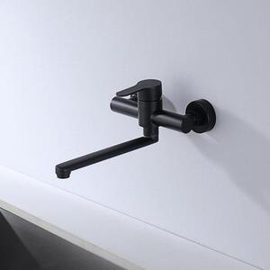 Rubinetto da cucina con fissaggio a parete, braccio orientabile con rotazione a 360 gradi, lunghezza 23 cm, finitura in acciaio grezzo nero