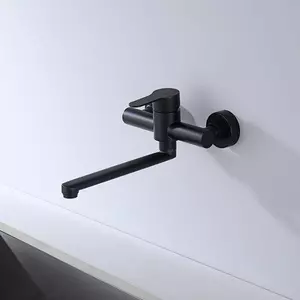 Rubinetto da cucina con fissaggio a parete, braccio orientabile con rotazione a 360 gradi, lunghezza 23 cm, finitura in acciaio grezzo nero