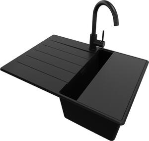 Lavello in granito PRIMAGRAN All black 70x50cm, lavello 1 vasca + set di scarico + set di accessori da cucina, lavello da 40 cm - Copenhagen