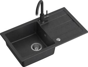 Lavello QUADRON Lavello da cucina in granito | dimensioni 77 x 44 x 17,6 cm Nero | Lavello GO MAX in granito Lavello a vasca singola | Lavello da incasso con rubinetto da cucina | Lavello a vasca singola Lavello da cucina