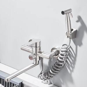 Miscelatore da cucina – Miscelatore da cucina a parete – Monocomando – 2 fori – Bocchetta girevole – Doccetta estraibile – Acqua calda e fredda – Finitura in nichel spazzolato