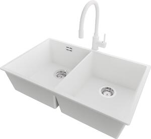 PRIMAGRAN lavello sottopiano in granito bianco 76x47cm, lavello 2 vasche + rubinetto cucina 38x14cm + set di scarico, lavello in granito da base 80 cm - London Twin