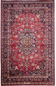 Tappeto Mashad Medaglione Floreale Rosso Blu Scuro 204x325 Cm