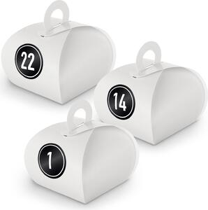 Calendario dell'Avvento da riempire, 24 scatolette con manico BIANCO + adesivi V10 Z08