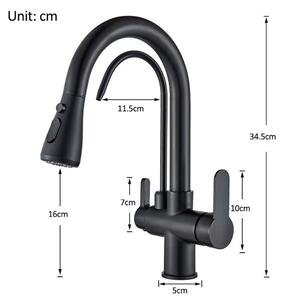 Rubinetto per acqua filtrata - Miscelatore a due manopole - Doccetta estraibile - Rotazione a 360° - Funzione a 3 vie - Acqua calda e fredda - Finitura nera opaca