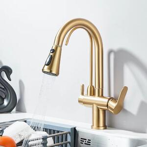 Miscelatore da cucina – Miscelatore estraibile – Adatto per acqua fredda e calda – Ideale per acqua filtrata – Due manopole – Montaggio a incasso – Ottone – Finitura dorata spazzolata