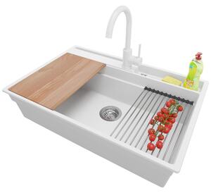 Lavello in granito PRIMAGRAN bianco 78x53 cm, vasca singola + rubinetto da cucina 32x20 cm + set di scarico + set di accessori da cucina, lavello da cucina per mobili base da 80 cm - Oslo Pocket