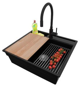 Lavello in granito PRIMAGRAN nero 58x53 cm, lavello a 1 vasca + set di scarico + set di accessori da cucina, lavello da cucina per mobile sottolavello da 60 cm - Oslo Pocket