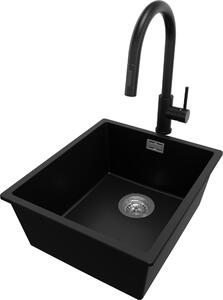 PRIMAGRAN Lavello da incasso in granito nero 41x47 cm, lavello a vasca singola + rubinetto da cucina 40x20 cm + set di scarico, lavello in granito per mobili base da 45 cm - London