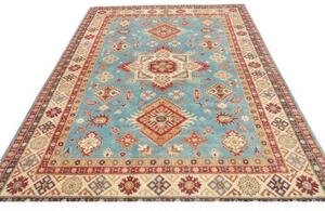 Tappeto Kazak Geometrico Celeste Rosso Mattone 198x293 Cm