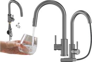 Granitan | LOSETO - Miscelatore da cucina - Bocca estraibile - 2 tipi di getto - Grigio - Acciaio inossidabile - Caratteristica in Vetroceramica
