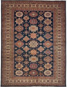 Tappeto Kazak Fine Geometrico Blu Scuro Beige 281x371 Cm