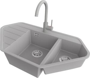 Lavello PRIMAGRAN in granito grigio 90x50cm, lavello angolare 1,5 vasche + rubinetto 32x20cm + set di scarico, lavello per cucina da base 70 cm - Copenhagen Corner