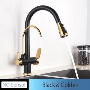 Miscelatore da cucina – Miscelatore estraibile per lavello – Senza sensore – Acqua calda e fredda – Due manopole – Per acqua filtrata – Montaggio a incasso – Nero/oro
