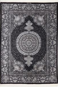 Tappeto Ghom Seta Medaglione Floreale Nero Bianco Avorio 138x195 Cm