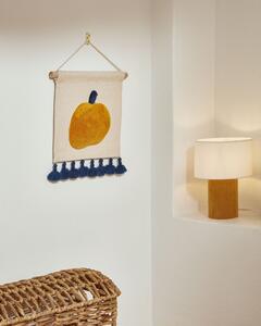 Arazzo da parete Amarantha 100% cotone bianco con mela arancione e nappe blu 30 x 30 cm