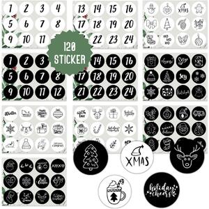 Adesivi natalizi rotondi (120 pezzi) Calendario dell'Avvento con numeri e motivi natalizi | Bianco e nero