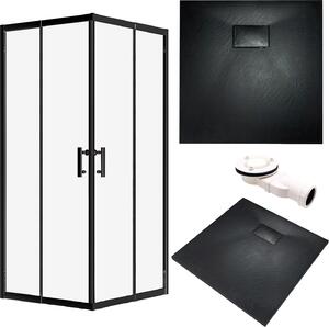 SET Cabina doccia + piatto doccia 80x80 193 cm - Quadrato Trasparente Vetro nano temperato 6 mm Nero effetto pietra SMC incl. sifone | BADLAND HELA VIDAR