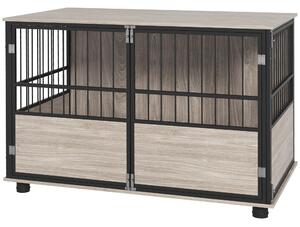 PawHut Gabbia per cane interna, tavolino, 100 x 60 x 68 cm, nido, 3 porte bloccabili, legno nero