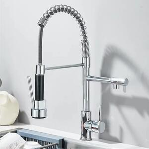 Miscelatore per cucina - Miscelatore per lavello - Miscelatore monocomando - Due erogatori orientabili - Doccetta estraibile - Rotazione a 360° - Acqua calda e fredda - Tubo cromato