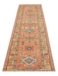 Tappeto Kazak Fine Geometrico Ocra Blu Scuro Corsia 84x299 Cm