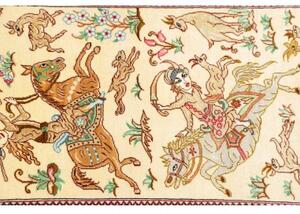 Tappeto Ghom Seta Figurativo Avorio Rosso Corsia 38x132 Cm