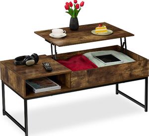 Tavolino pieghevole Relaxdays, LxPxA: 45x110x50 cm, vano laterale, tavolino da salotto con spazio contenitivo, effetto legno e metallo, marrone