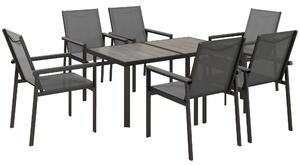 Outsunny Set da giardino 7 pezzi con 1 tavolo da pranzo e 6 sedie - piano in vetro temperato effetto legno grigio