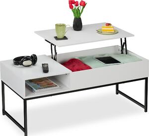 Tavolino pieghevole Relaxdays, L x P x A: 45x110x50 cm, vano laterale, tavolino da salotto con spazio contenitivo, effetto legno e metallo, bianco